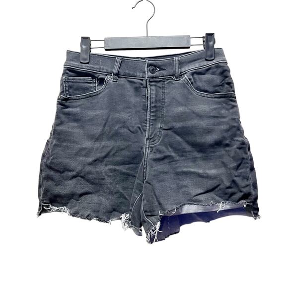 Express Midi High Rise Shorts Black Denim Jeans Cotton Stretch Dark Wash Sz 4 - Picture 1 of 9